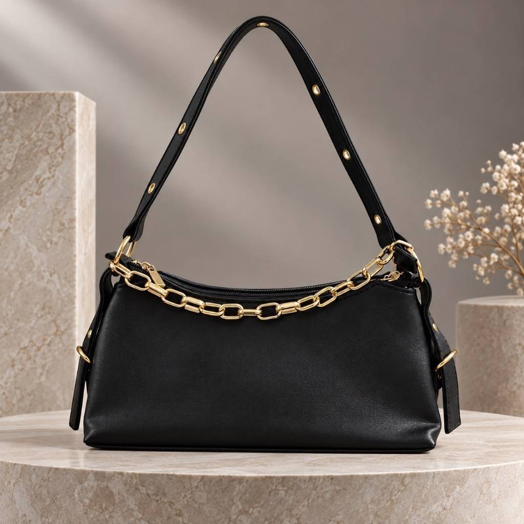 Bolsa Preta Feminina Baguete de Ombro Com Corrente Elegante 24x13cm