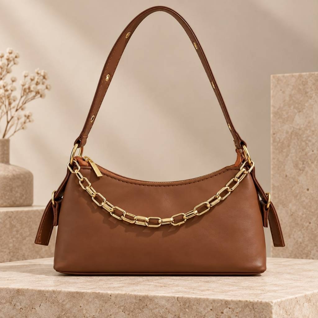 Bolsa Caramelo Feminina Baguete de Ombro Com Corrente Elegante 24x13cm