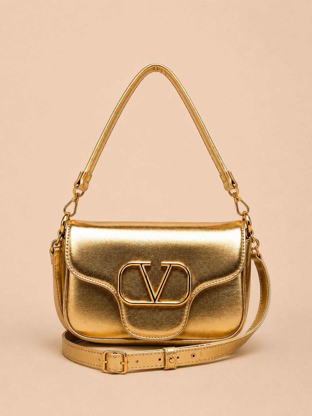 Bolsa Feminina Metalizada Luxo com Alça Transversal e Alça de Ombro Dourado