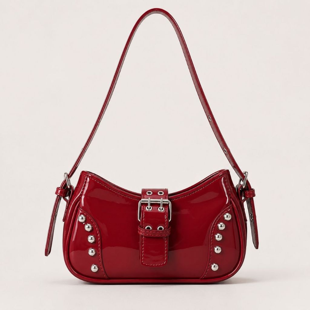 Bolsa Feminina de Ombro Verniz com Fivela e Tachas Estilo Retrô Vermelho
